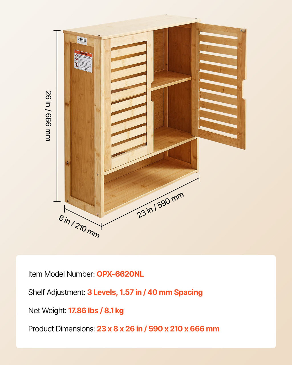 Bathroom Wall Cabinet, 2 Doors and Adjustable Shelf, Over the Toilet
