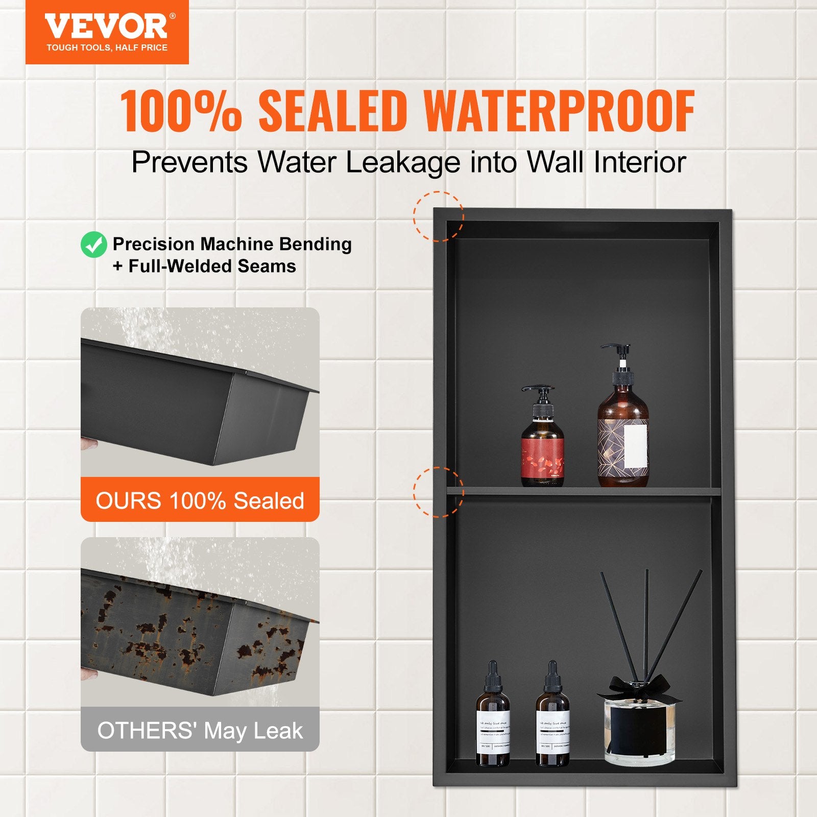 33.02 x 63.5 cm No Tile Shower Niche 304 Stainless Steel,