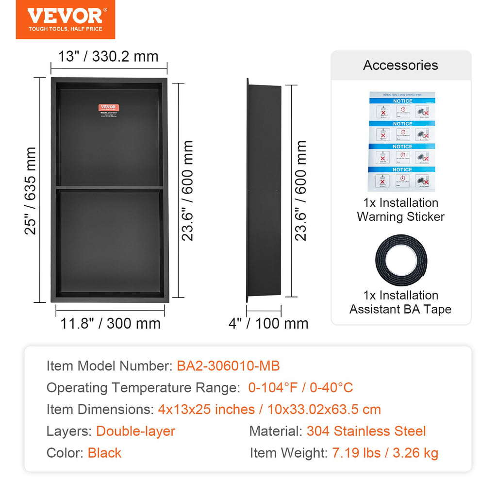 33.02 x 63.5 cm No Tile Shower Niche 304 Stainless Steel,
