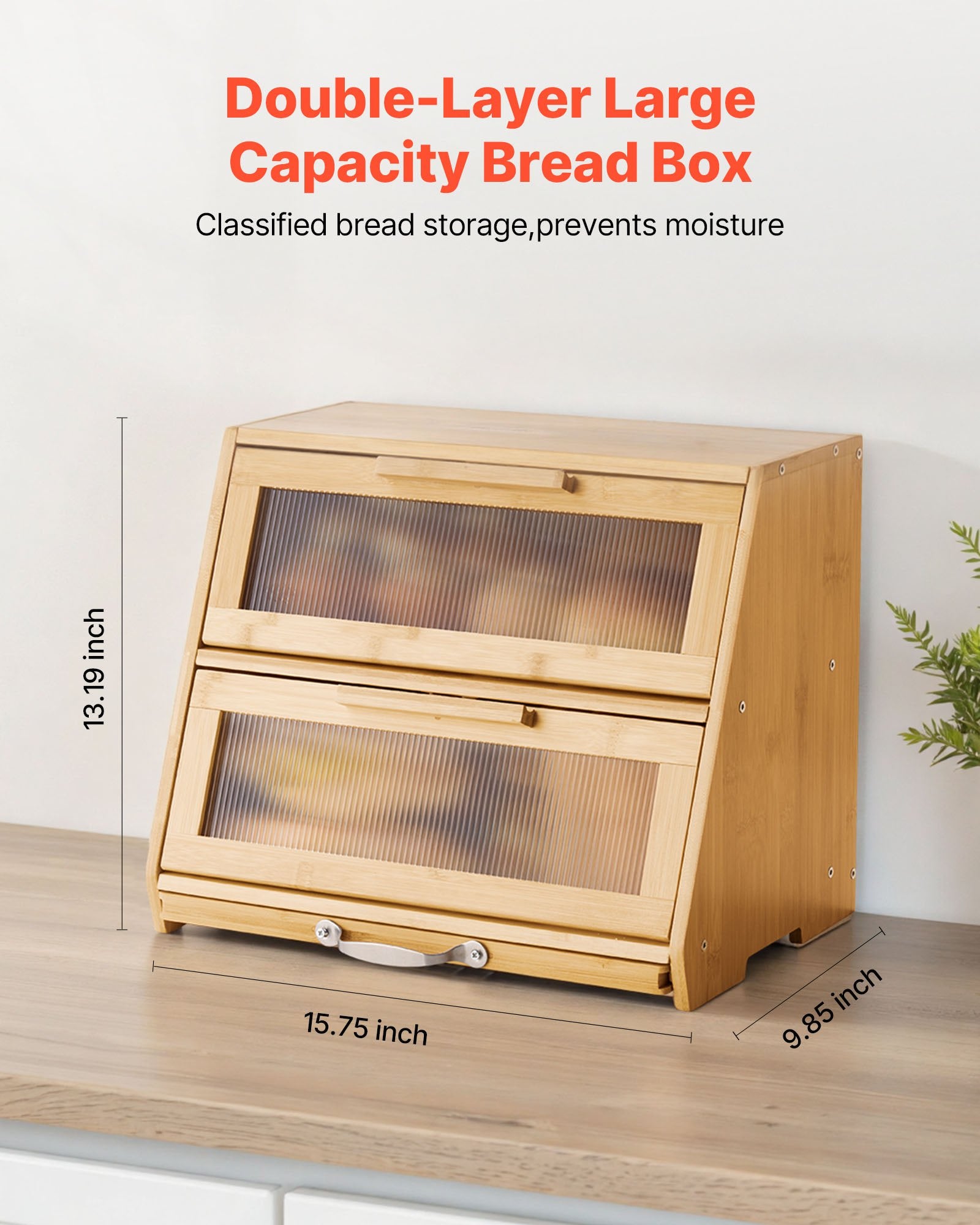 Double Layer Bread Box for Kitchen Counter, Large Capacity Bamboo