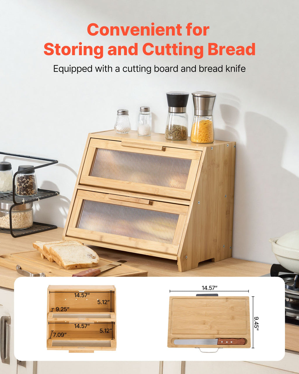 Double Layer Bread Box for Kitchen Counter, Large Capacity Bamboo