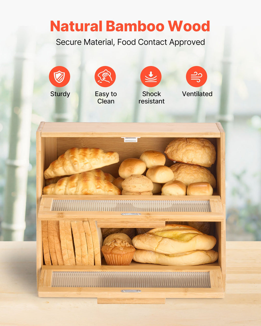 Double Layer Bread Box for Kitchen Counter, Large Capacity Bamboo