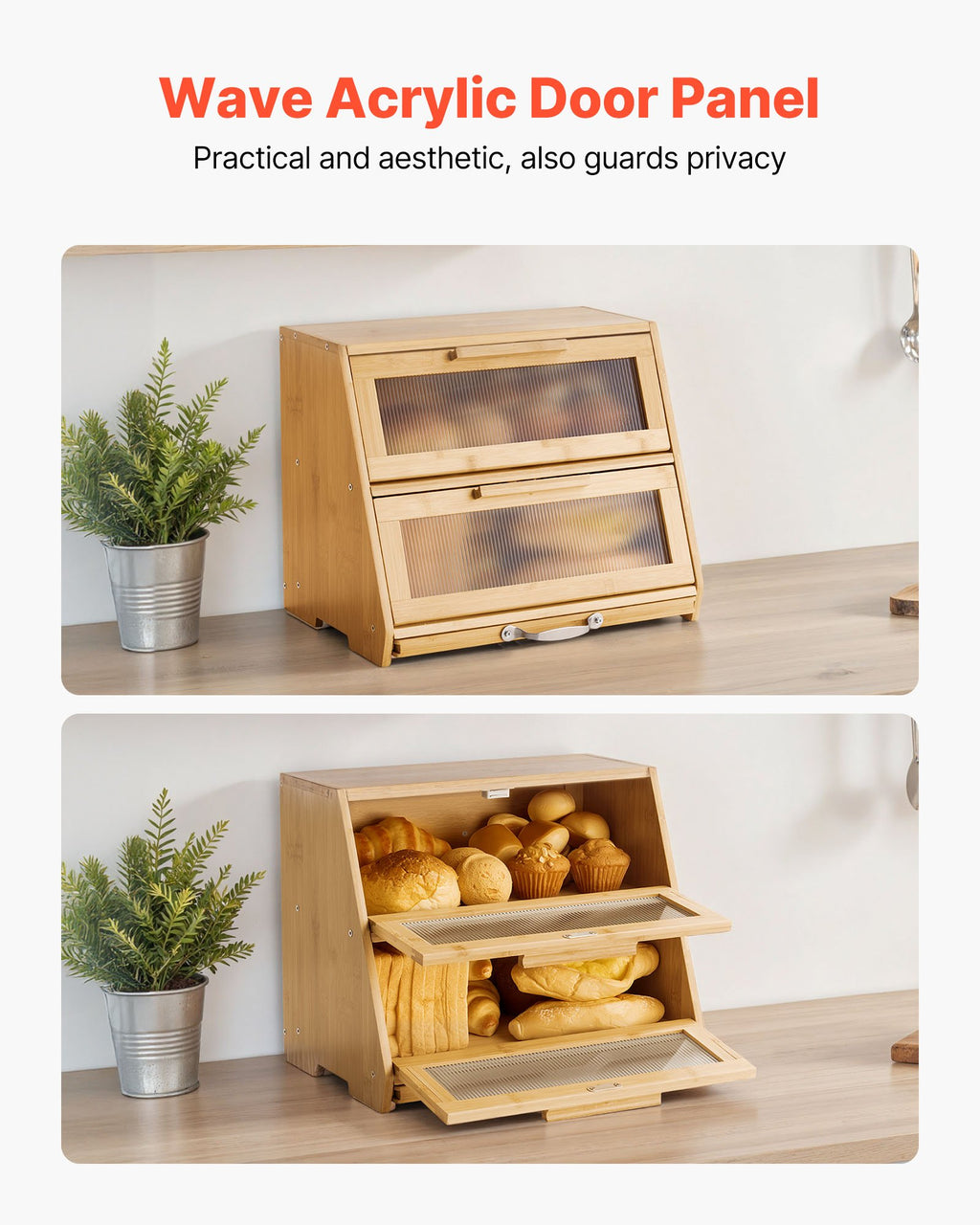 Double Layer Bread Box for Kitchen Counter, Large Capacity Bamboo