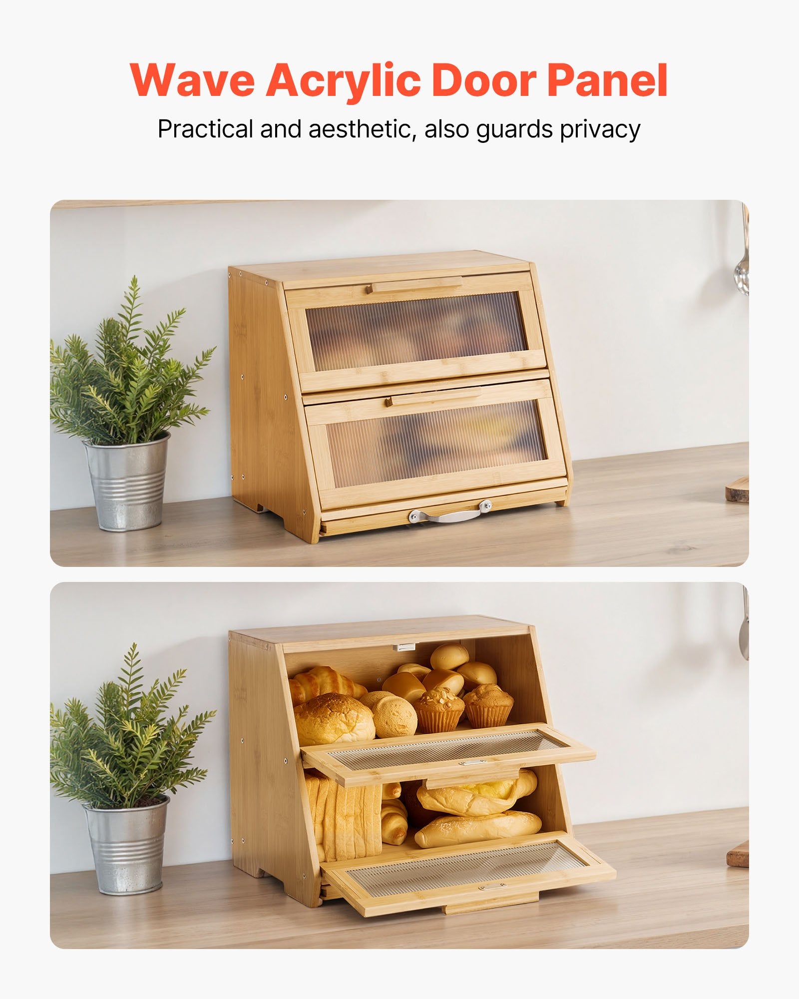 Double Layer Bread Box for Kitchen Counter, Large Capacity Bamboo