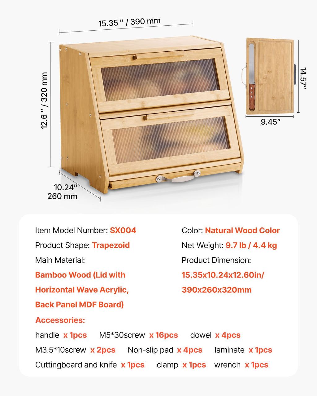 Double Layer Bread Box for Kitchen Counter, Large Capacity Bamboo