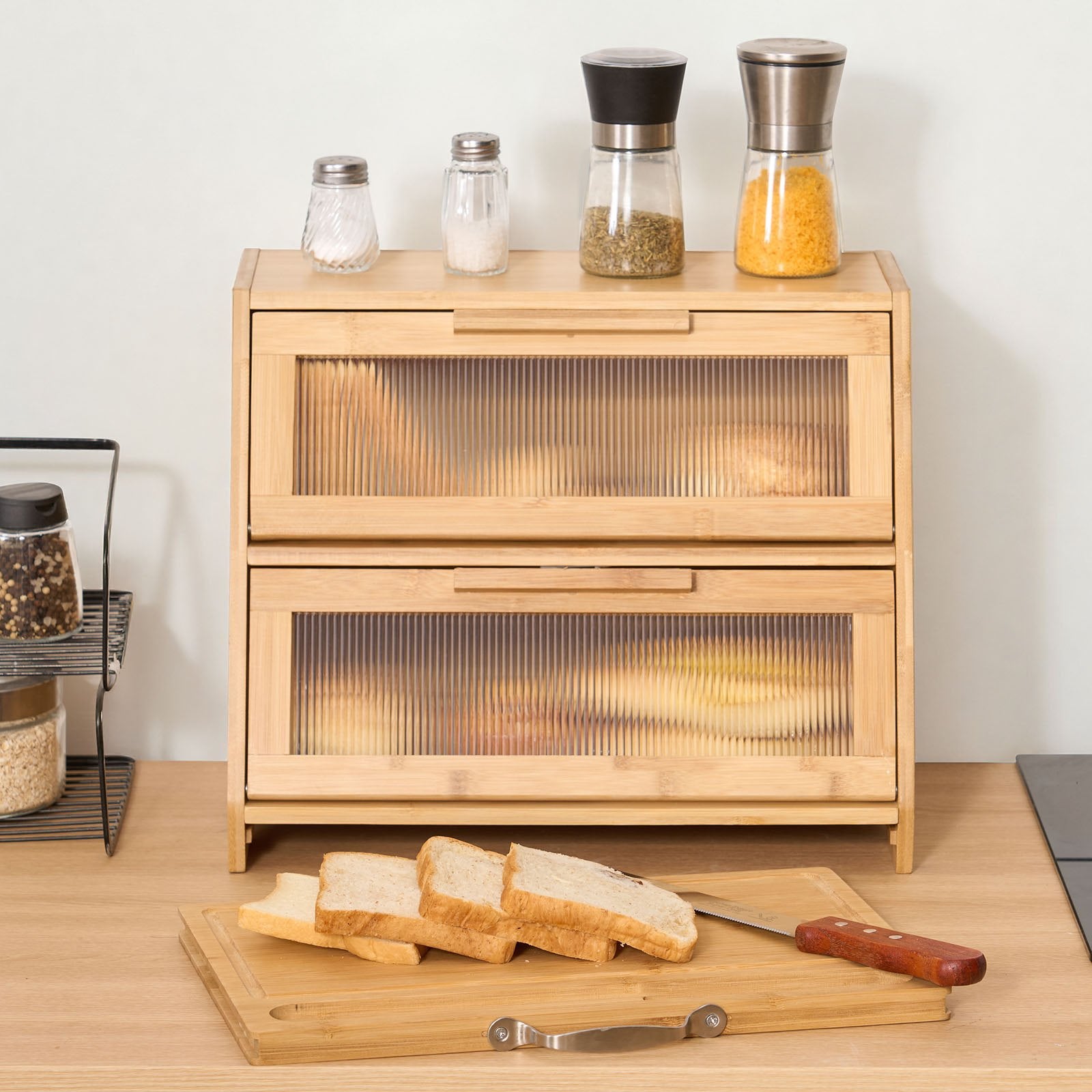 Double Layer Bread Box for Kitchen Counter, Large Capacity Bamboo