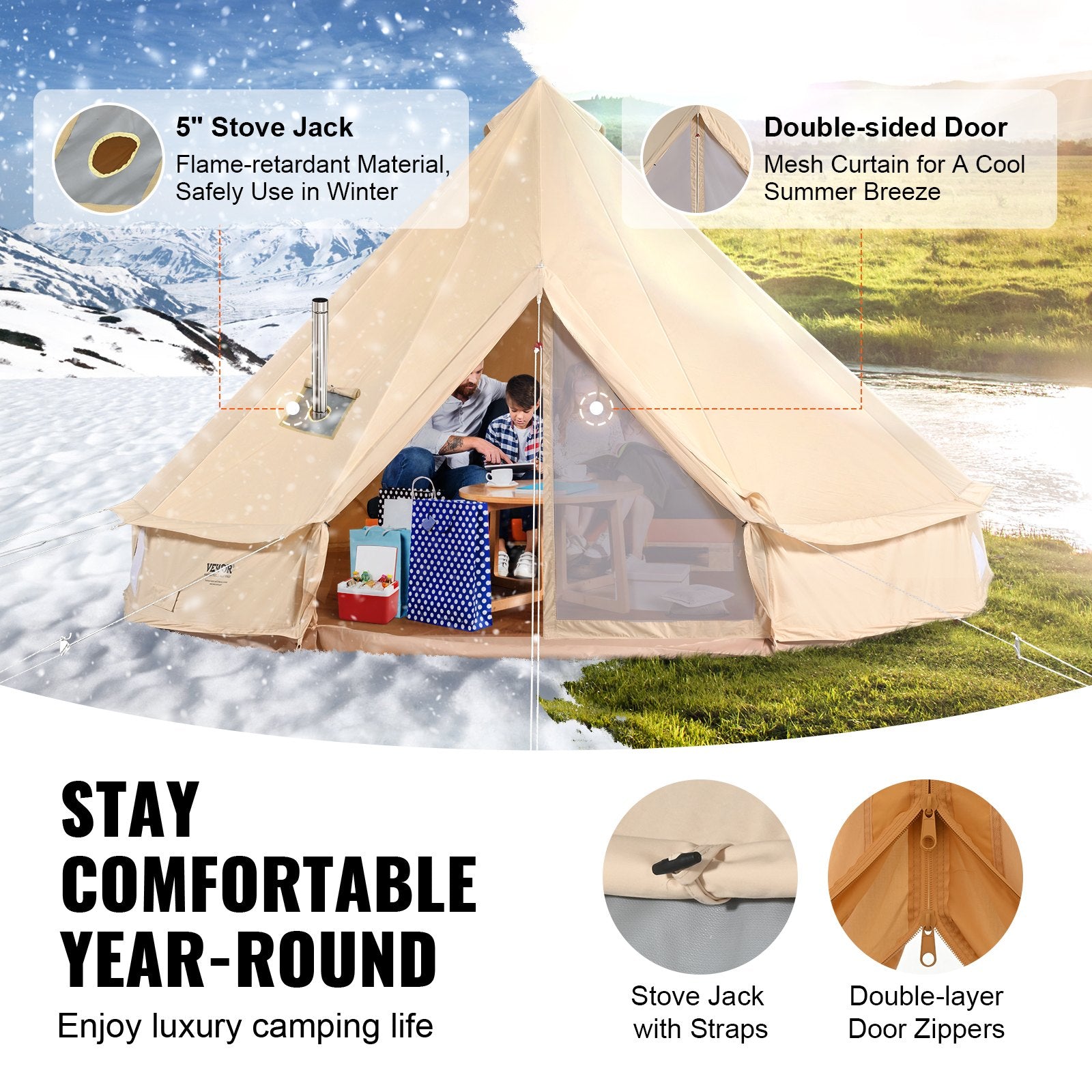 Canvas Bell Tent, 4 Seasons 4 m/13.12 ft Yurt Tent, Canvas Tent for