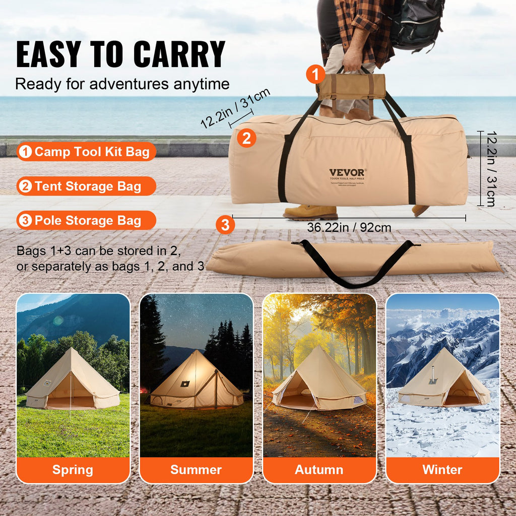 Canvas Bell Tent, 4 Seasons 4 m/13.12 ft Yurt Tent, Canvas Tent for