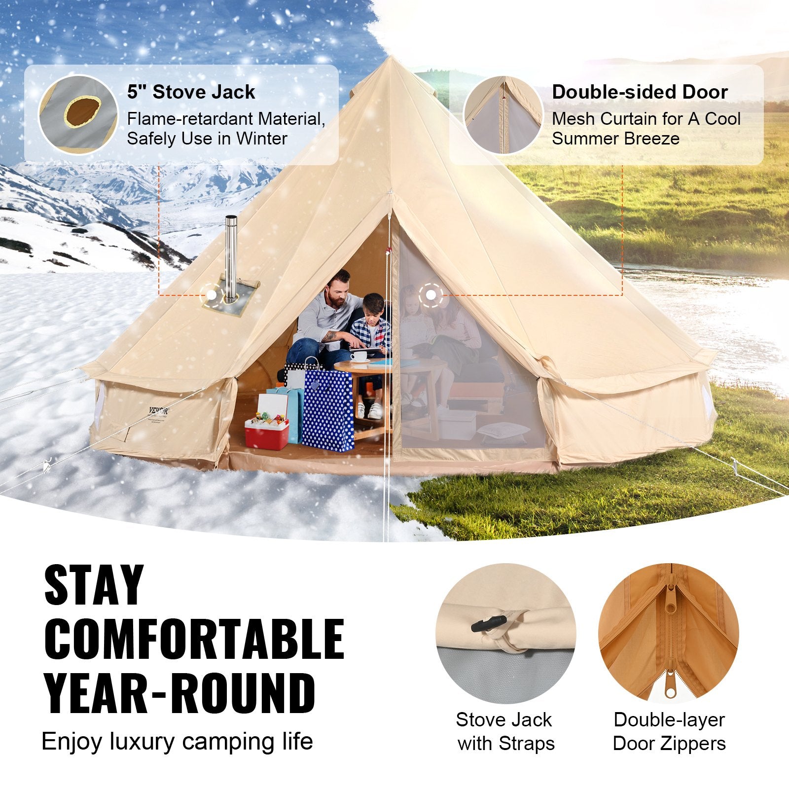 Canvas Bell Tent, 4 Seasons 5 m/16.4 ft Yurt Tent, Canvas Tent for