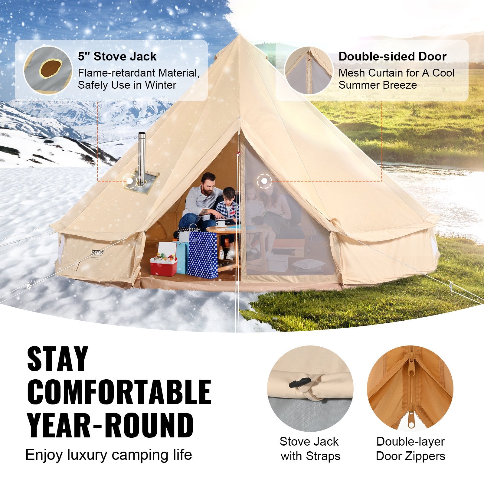 Canvas Bell Tent, 4 Seasons 6 m/19.68 ft Yurt Tent, Canvas Tent for