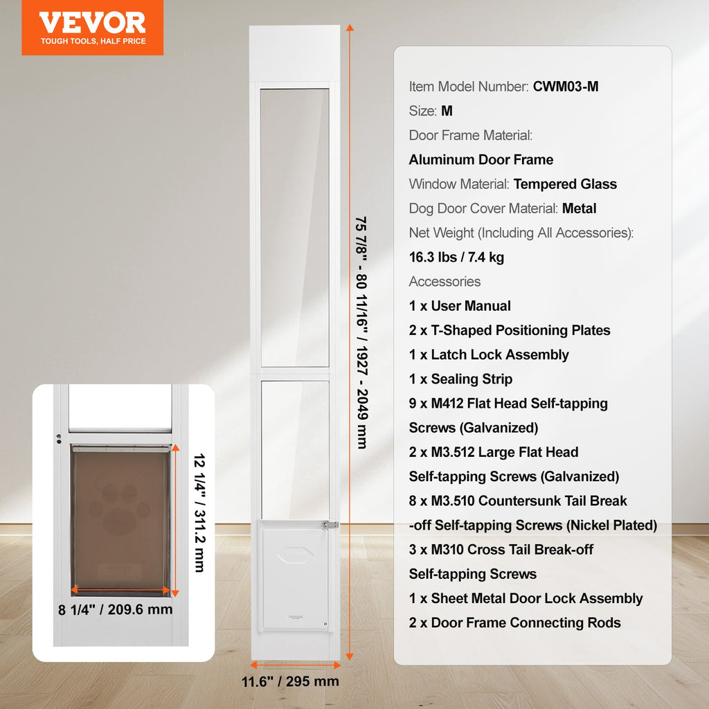 Dog Door for Sliding Glass Door, 75 7/8in-80 11/16in Adjustable Height
