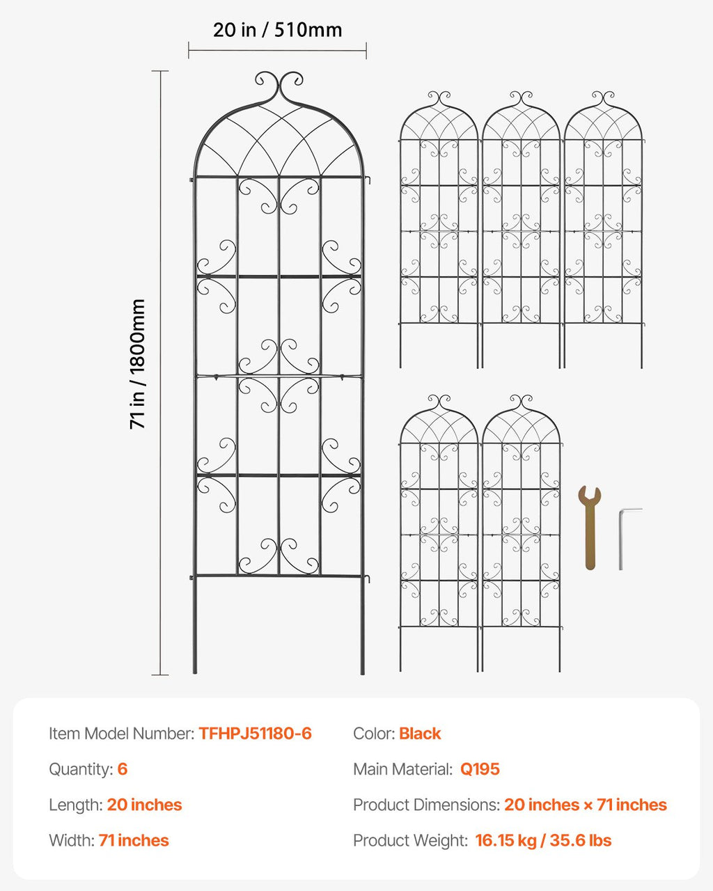 Garden Trellis for Climbing Plants, 71 x 20 in, 6 Packs Rustproof