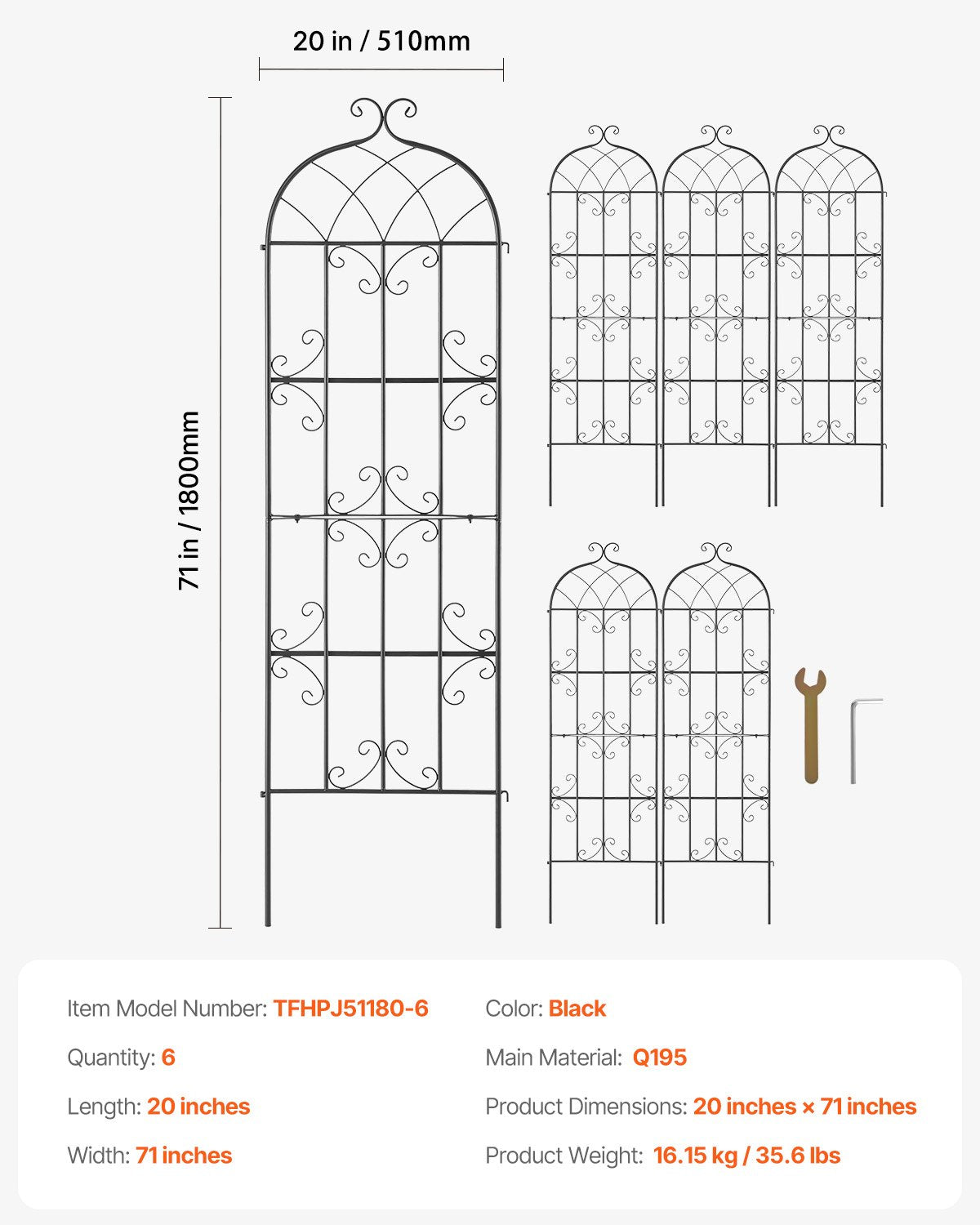 Garden Trellis for Climbing Plants, 71 x 20 in, 6 Packs Rustproof