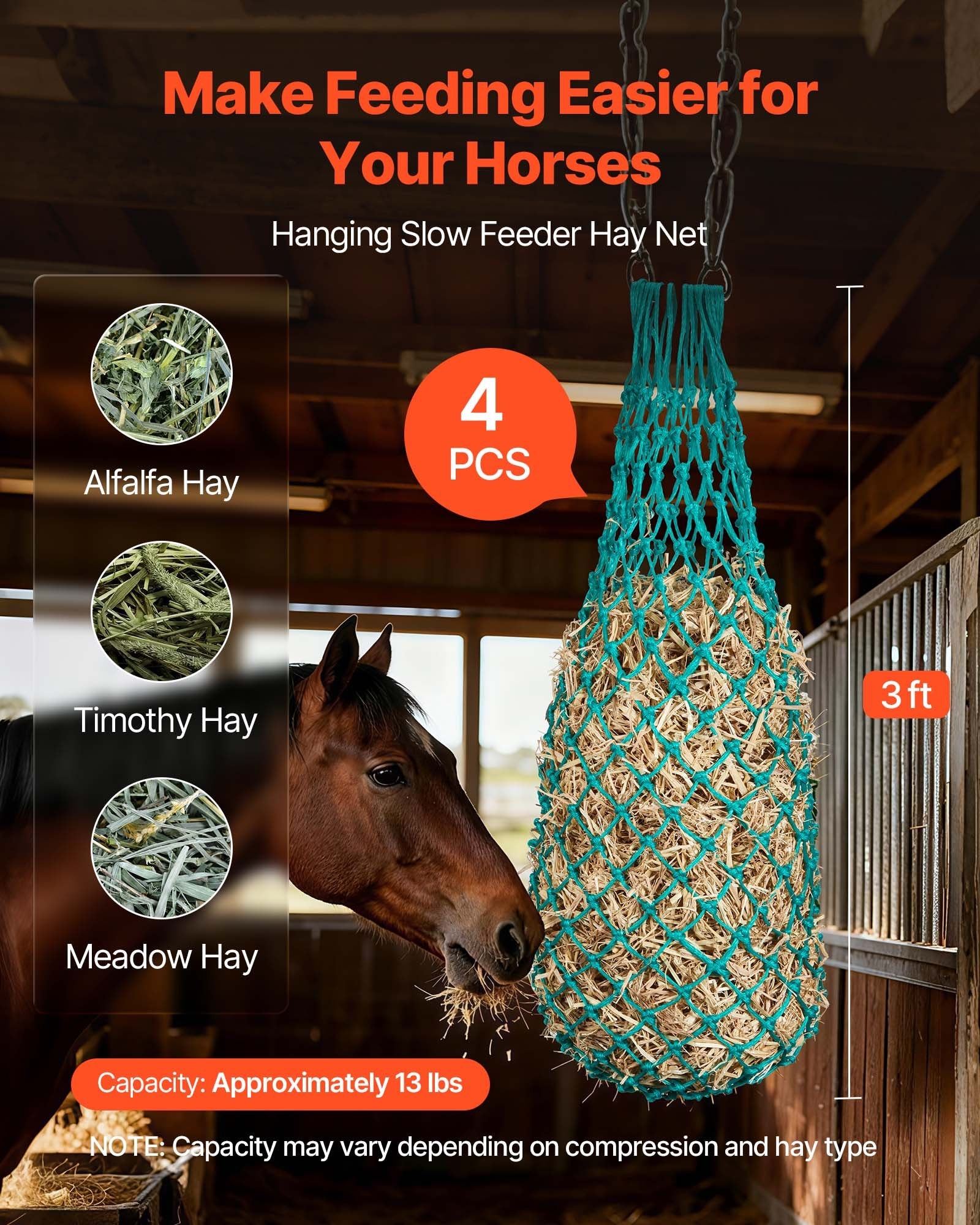 Hay Nets for Horses, 4PCS, 0.9 m Extended Length, 38 x 38 mm Holes, PE