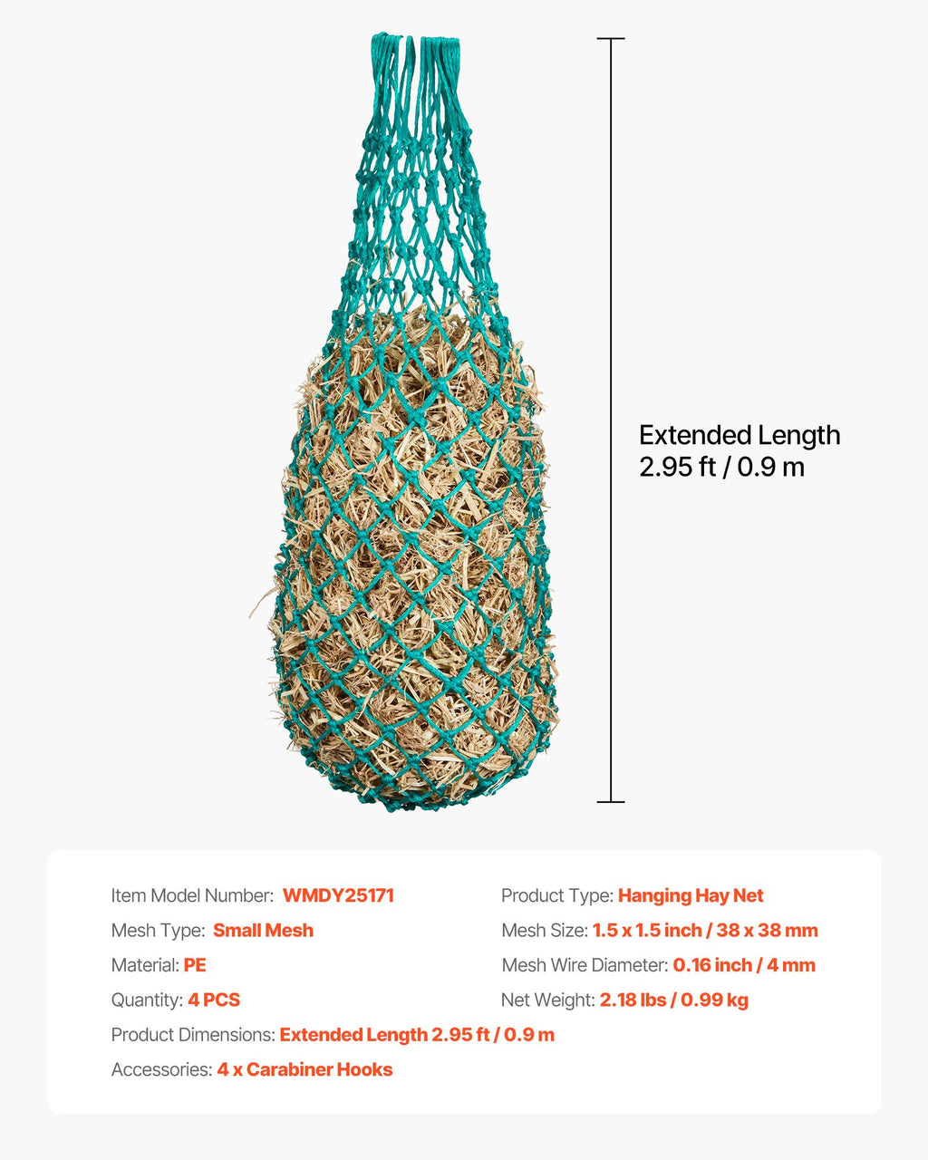 Hay Nets for Horses, 4PCS, 0.9 m Extended Length, 38 x 38 mm Holes, PE