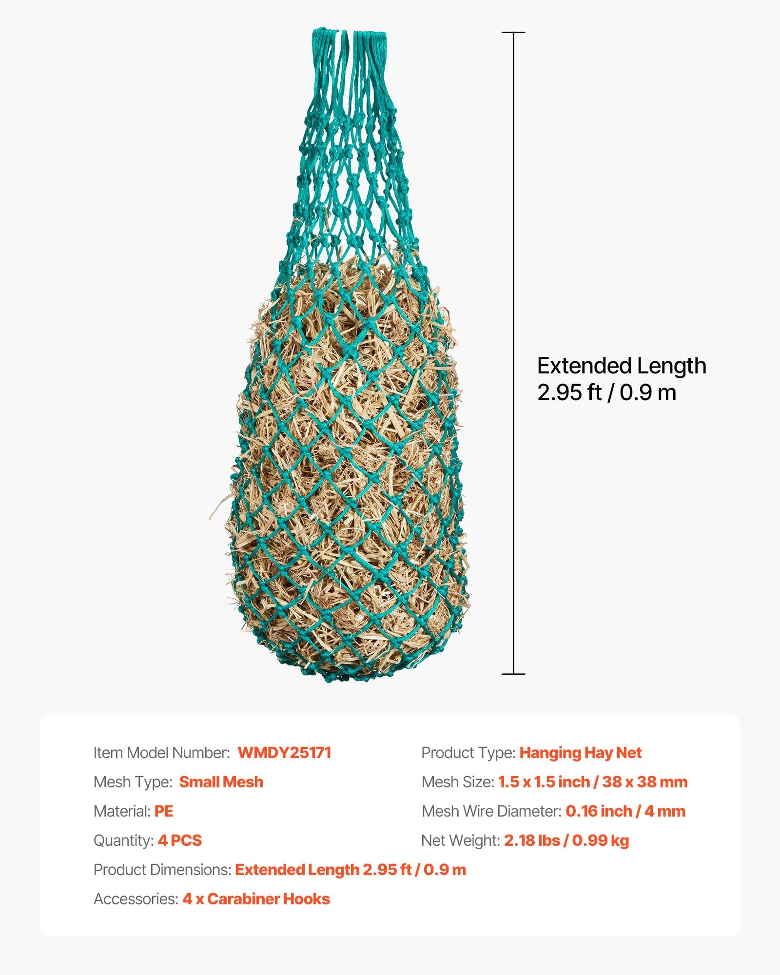 Hay Nets for Horses, 4PCS, 0.9 m Extended Length, 38 x 38 mm Holes, PE
