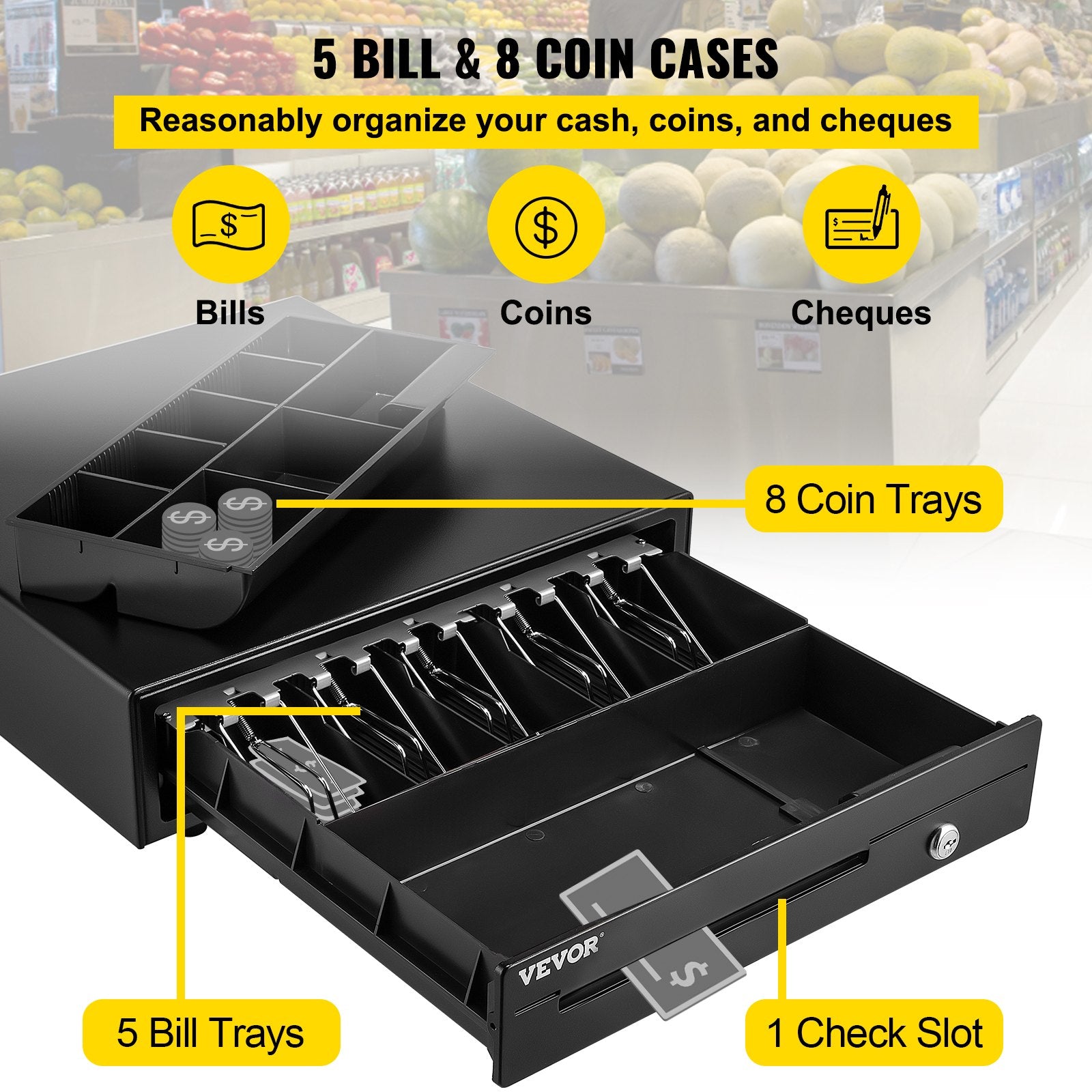 Cash Register Drawer, 40.6 cm 12 V, for POS System with 5 Bill 8 Coin