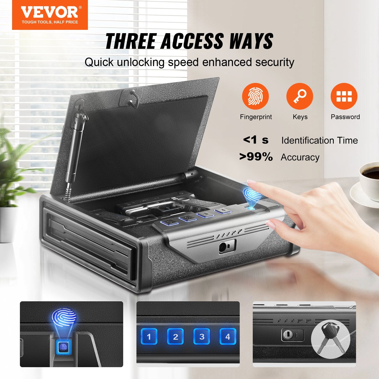 Gun Safe for Pistols Biometric Gun Safe with 3 Access Ways for 2