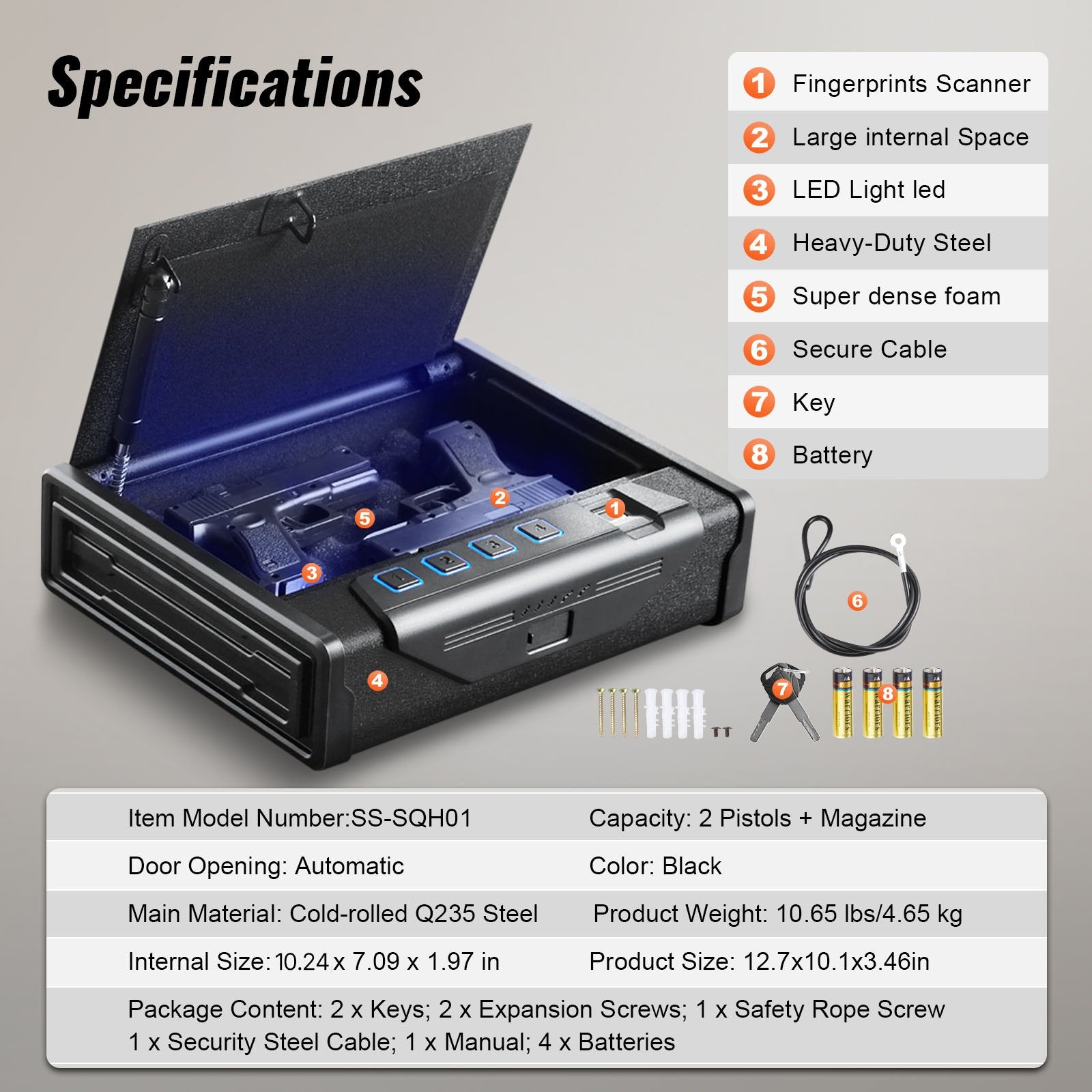 Gun Safe for Pistols Biometric Gun Safe with 3 Access Ways for 2