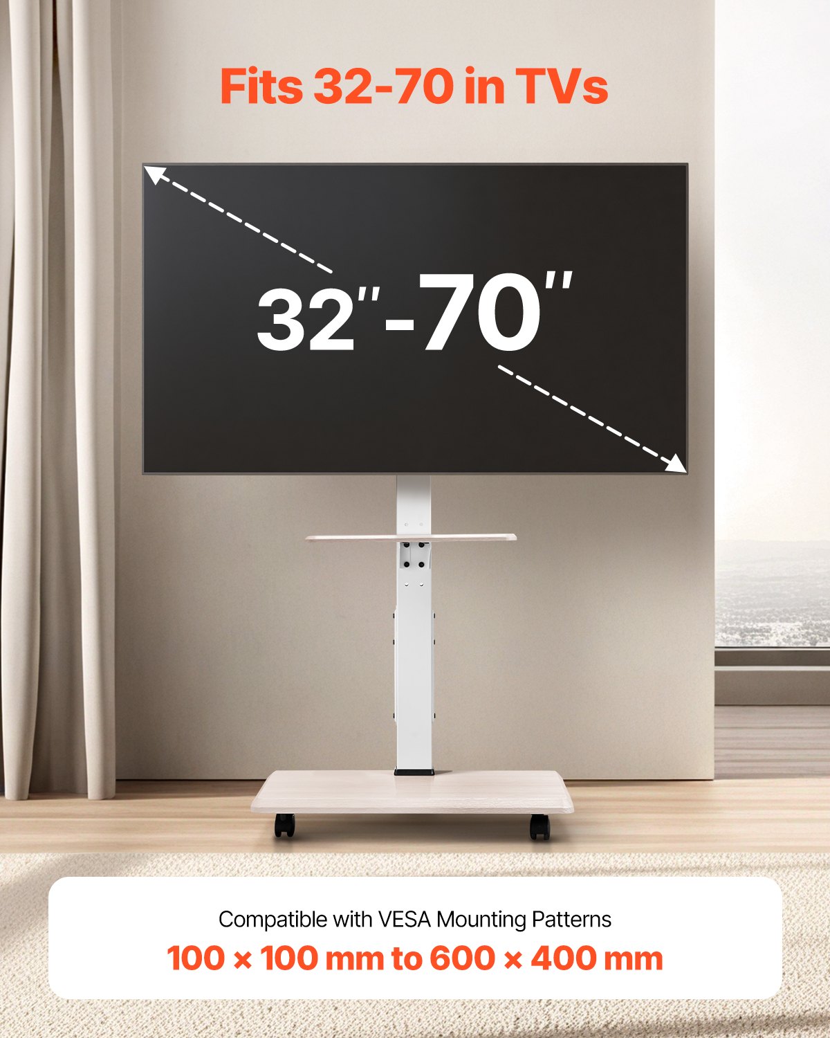 Rolling TV Stand, Mobile TV Cart for 32-70 Inch Screens, 25°