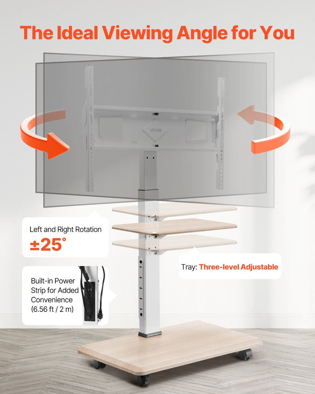 Rolling TV Stand, Mobile TV Cart for 32-70 Inch Screens, 25°