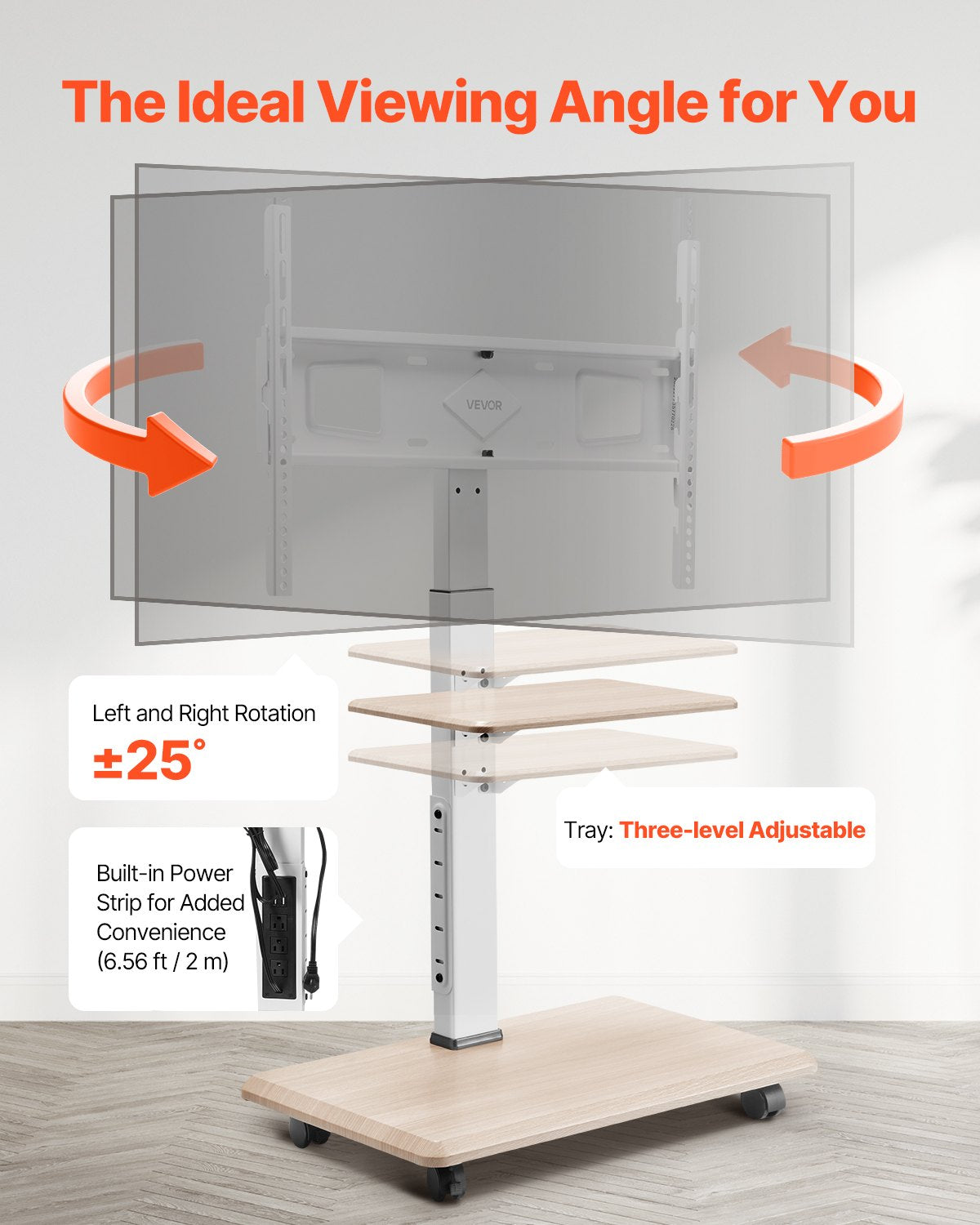Rolling TV Stand, Mobile TV Cart for 32-70 Inch Screens, 25°