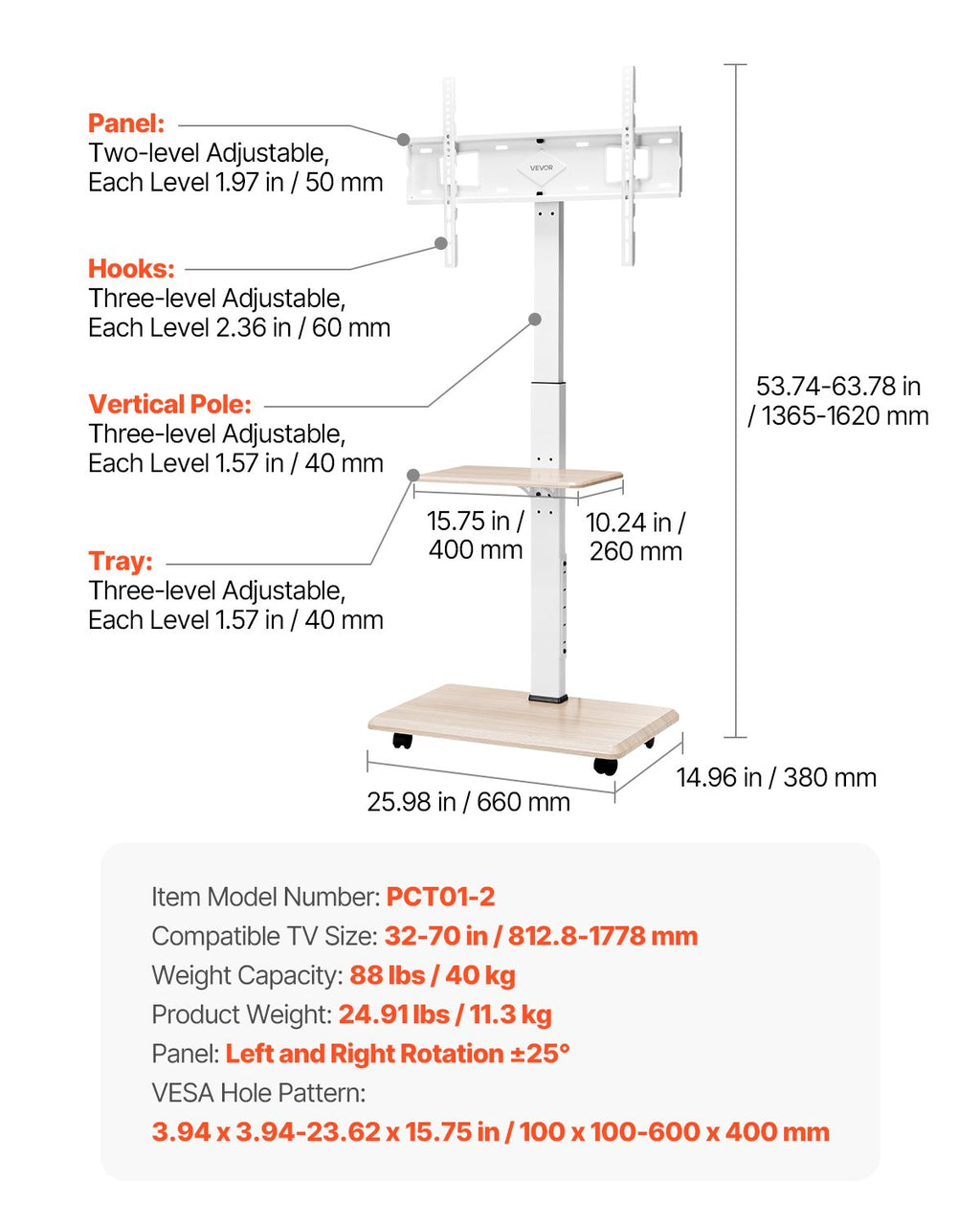 Rolling TV Stand, Mobile TV Cart for 32-70 Inch Screens, 25°