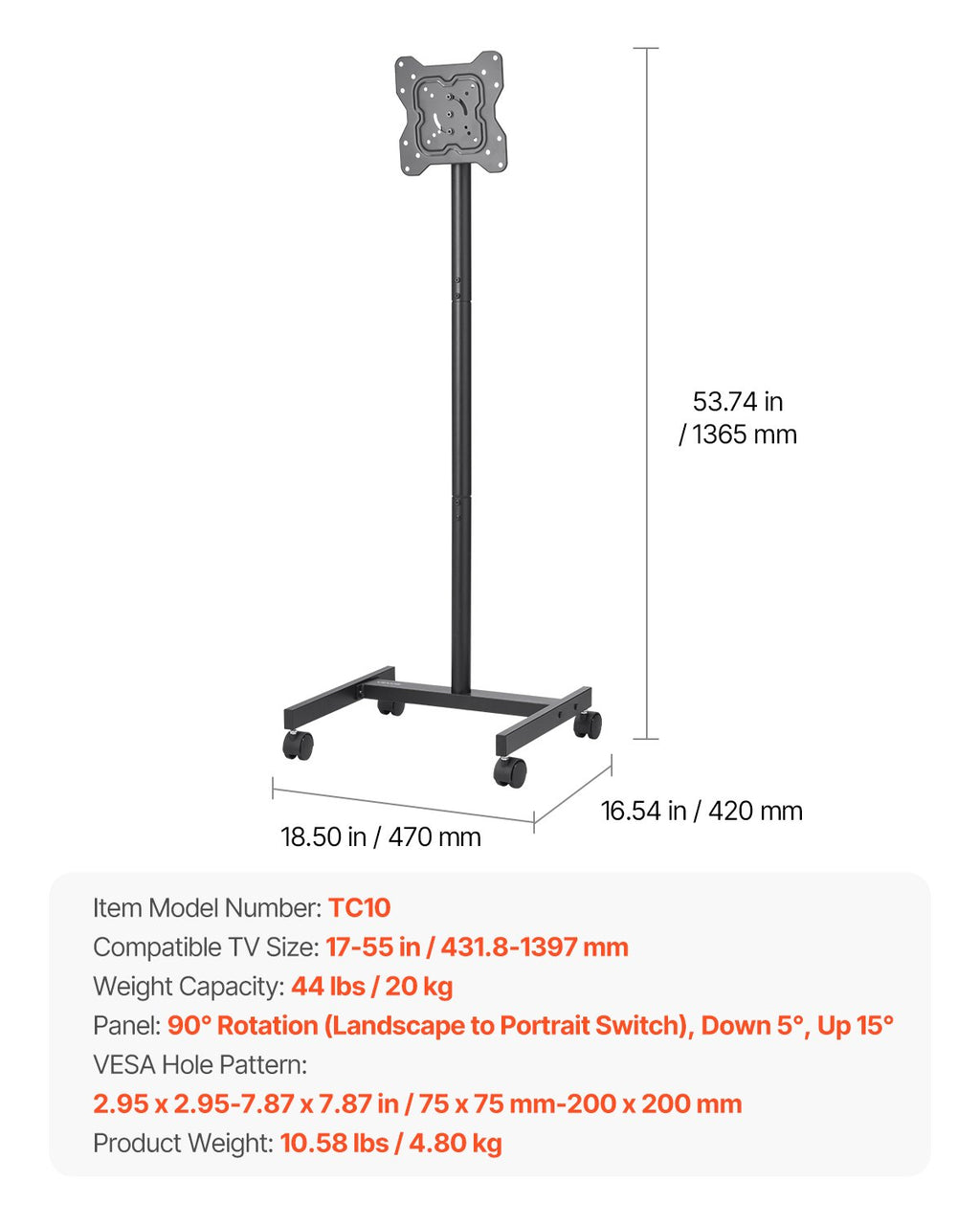 Rolling TV Stand, Mobile TV Cart for 17-55 Inch Screens, Portrait to