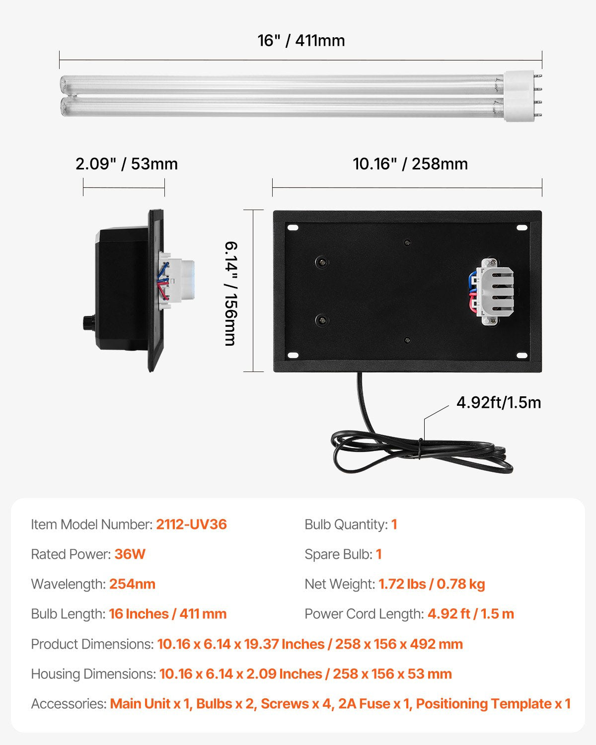 HVAC Air Purifier Whole House, 36W 16inch, UV UVC Light in Duct for Ac