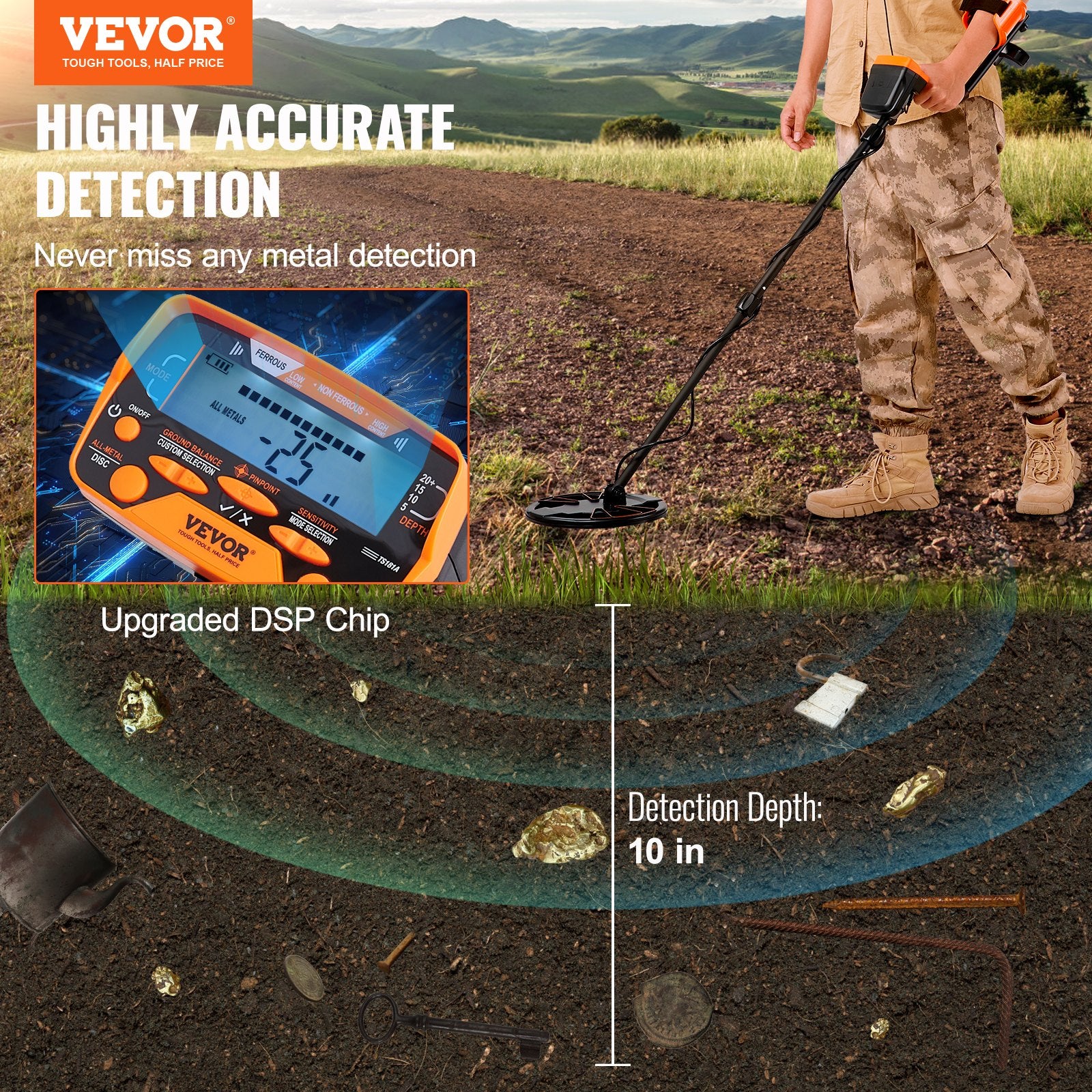 Metal Detector for Adults & Kids, 25.4 cm Waterproof Search Coil with