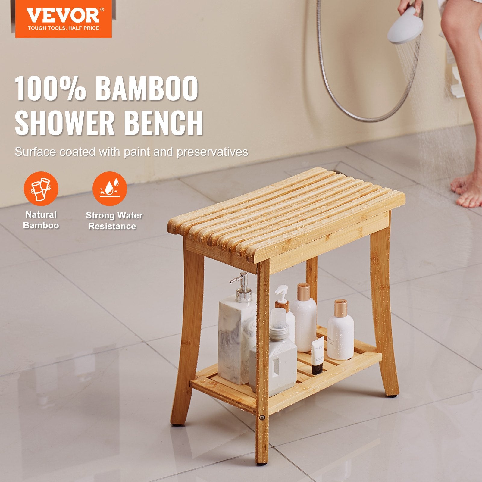 Bamboo Shower Bench 48.5 x 28.7 x 46.5 cm Shower Stool Chair for
