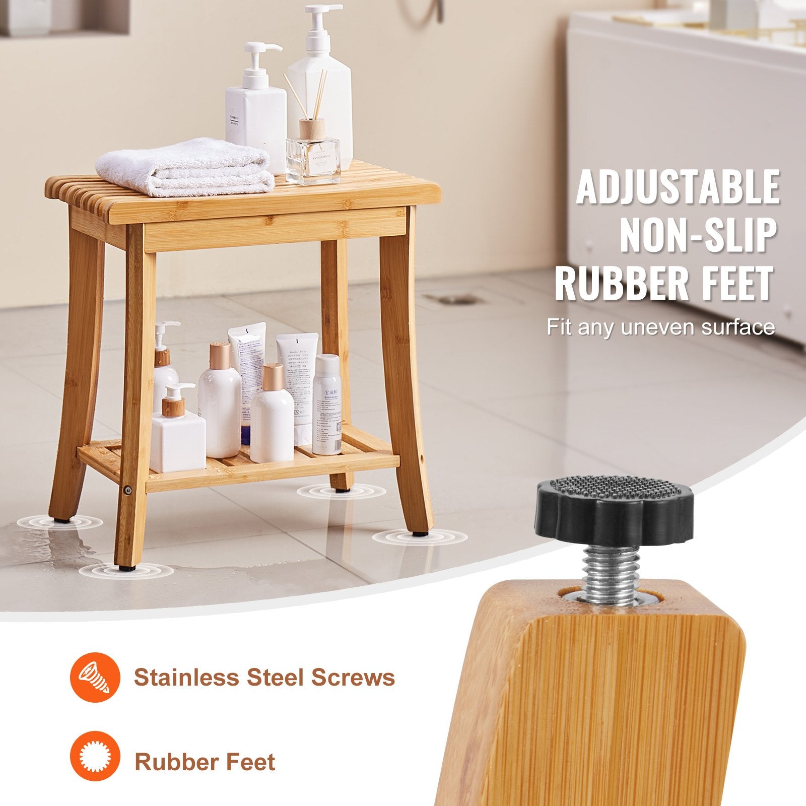 Bamboo Shower Bench 48.5 x 28.7 x 46.5 cm Shower Stool Chair for