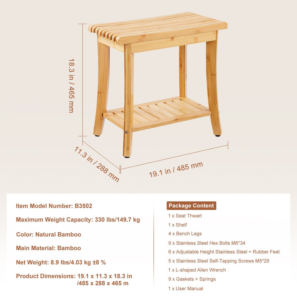 Bamboo Shower Bench 48.5 x 28.7 x 46.5 cm Shower Stool Chair for