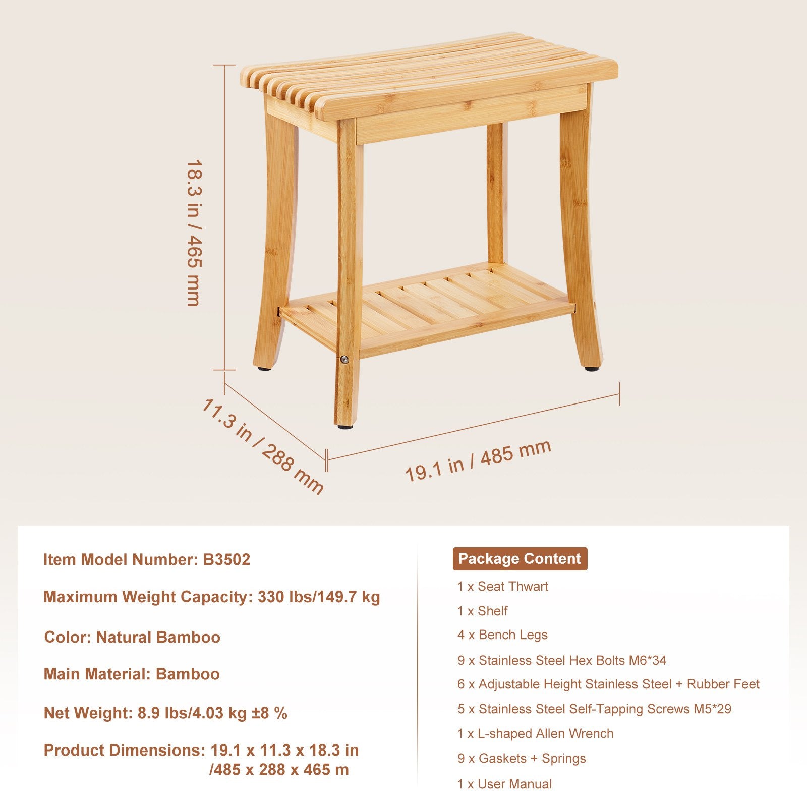 Bamboo Shower Bench 48.5 x 28.7 x 46.5 cm Shower Stool Chair for